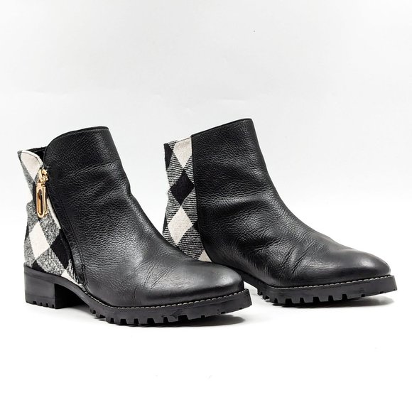 Talbots Women Tish Lug Pebble Black Leather Fabric Zip ankle boots size 10 - Picture 1 of 12